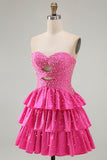Vestito di Homecoming Fucsia con perline a perline e ritagliato a scatto