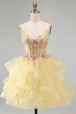 Corsetto giallo a linea A con perle perlate e scollo a V con volant abito di cocktail
