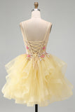 Corsetto giallo a linea A con perle perlate e scollo a V con volant abito di cocktail
