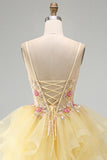 Corsetto giallo a linea A con perle perlate e scollo a V con volant abito di cocktail