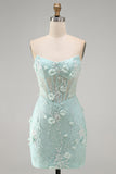 Perle di pizzo aderente senza spalline Corsetto floreale 3D trasparente Abito corto da homecoming