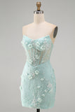 Perle di pizzo aderente senza spalline Corsetto floreale 3D trasparente Abito corto da homecoming