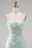 Perle di pizzo aderente senza spalline Corsetto floreale 3D trasparente Abito corto da homecoming