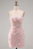 Perle di pizzo aderente senza spalline Corsetto floreale 3D trasparente Abito corto da homecoming