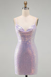Abito corto di cocktail in stile Bodycon Lilla Scintillante con scollo a cappuccio
