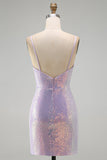 Abito corto di cocktail in stile Bodycon Lilla Scintillante con scollo a cappuccio
