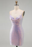 Abito corto di cocktail in stile Bodycon Lilla Scintillante con scollo a cappuccio