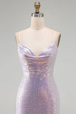 Abito corto di cocktail in stile Bodycon Lilla Scintillante con scollo a cappuccio
