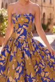 Abito Midi A-Line Blu Reale Strapless A Franzi Stampato Floreale