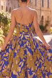 Abito Midi A-Line Blu Reale Strapless A Franzi Stampato Floreale