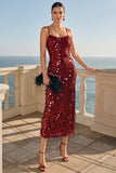 Vestito Midi con paillettes borgogna scintillante con spalline spaghetti