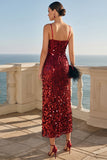 Vestito Midi con paillettes borgogna scintillante con spalline spaghetti