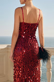 Vestito Midi con paillettes borgogna scintillante con spalline spaghetti
