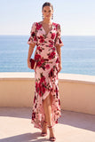 Maxi a A-Line a Rosa con stampa di fiori rossi rosa con scollo a V e orlo basso
