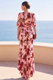 Maxi a A-Line a Rosa con stampa di fiori rossi rosa con scollo a V e orlo basso