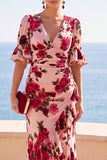Maxi a A-Line a Rosa con stampa di fiori rossi rosa con scollo a V e orlo basso