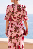 Maxi a A-Line a Rosa con stampa di fiori rossi rosa con scollo a V e orlo basso
