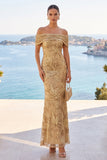 Abito Maxi a sirena con ricamo floreale dorato con paillettes dorate