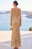 Abito Maxi a sirena con ricamo floreale dorato con paillettes dorate