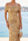 Abito Maxi a sirena con ricamo floreale dorato con paillettes dorate