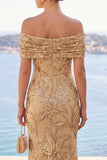 Abito Maxi a sirena con ricamo floreale dorato con paillettes dorate