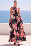 Maxi Abito Nero a scollo fior con stampe floreali in chiffon plissato