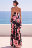 Maxi Abito Nero a scollo fior con stampe floreali in chiffon plissato