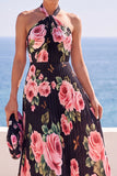 Maxi Abito Nero a scollo fior con stampe floreali in chiffon plissato