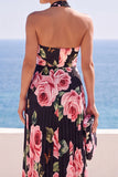 Maxi Abito Nero a scollo fior con stampe floreali in chiffon plissato