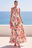 Maxi Abito Nero a scollo fior con stampe floreali in chiffon plissato