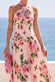 Maxi Abito Nero a scollo fior con stampe floreali in chiffon plissato