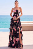 Abito Maxi nero a livelli floreali stampato a spalline senza spalline in chiffon con fessura