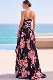 Abito Maxi nero a livelli floreali stampato a spalline senza spalline in chiffon con fessura