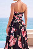 Abito Maxi nero a livelli floreali stampato a spalline senza spalline in chiffon con fessura