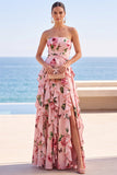 Abito Maxi nero a livelli floreali stampato a spalline senza spalline in chiffon con fessura