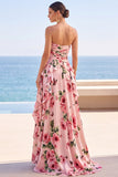 Abito Maxi nero a livelli floreali stampato a spalline senza spalline in chiffon con fessura