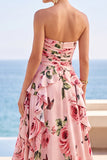 Abito Maxi nero a livelli floreali stampato a spalline senza spalline in chiffon con fessura