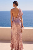 Vestito Maxi con paillettes arricciate e rosa scintillante con spalla e fessura arricciata