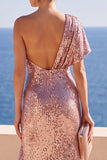Vestito Maxi con paillettes arricciate e rosa scintillante con spalla e fessura arricciata