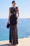 Bodycon nero orlo trasparente con collo rotondo Maxi Dress