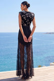 Bodycon nero orlo trasparente con collo rotondo Maxi Dress