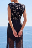 Bodycon nero orlo trasparente con collo rotondo Maxi Dress