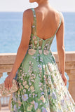 Corsetto verde con scollo quadrato 3D applique floreali a linea A