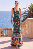 Maxi Abito Maxi a sirena con ricamo verde scuro e scollo quadrato con applicazioni 3D