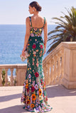 Maxi Abito Maxi a sirena con ricamo verde scuro e scollo quadrato con applicazioni 3D
