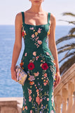 Maxi Abito Maxi a sirena con ricamo verde scuro e scollo quadrato con applicazioni 3D