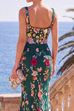 Maxi Abito Maxi a sirena con ricamo verde scuro e scollo quadrato con applicazioni 3D