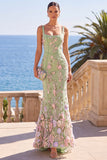 Maxi Abito Maxi a sirena con ricamo verde scuro e scollo quadrato con applicazioni 3D