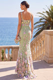 Maxi Abito Maxi a sirena con ricamo verde scuro e scollo quadrato con applicazioni 3D
