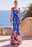 Maxi Abito Maxi a sirena con ricamo verde scuro e scollo quadrato con applicazioni 3D